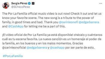 Checo Pérez demuestra su destreza al volante, llevando a Carin León a una fiesta familiar en el emocionante video musical "Por La Familia"