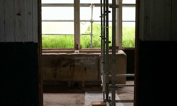 Vista a través de una abertura de madera hacia un interior con luz natural, andamios metálicos, dos cubetas de hormigón y pasto verde por una ventana