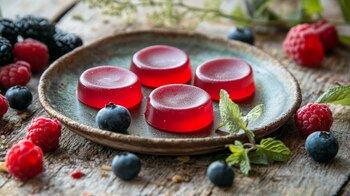 Dulces de gelatina, frutos rojos frescos, presentación creativa, gomitas circulares, arándanos, frambuesas, postre atractivo. - (Imagen Ilustrativa Infobae)