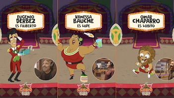 Triptych animado del elenco de Circo Gómez. Muestra a Eugenio Derbez, Vanessa Bauche y Omar Chaparro con sus personajes Filiberto, Lupe y Lobito
