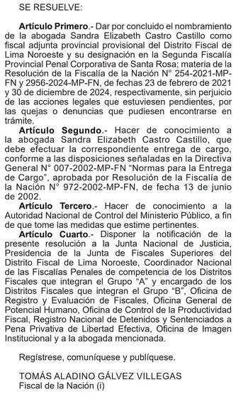 Tomás Gálvez echa del Ministerio Público a la fiscal Sandra Castro