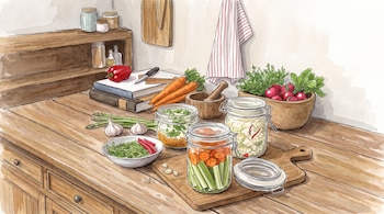 Frascos de vidrio con vegetales en conserva, zanahorias, ajos y un cuenco con rábanos sobre un mesón de madera.