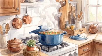 Ilustración en acuarela de una olla azul sobre una estufa de gas, utensilios de madera, sartenes de cobre y recipientes en una cocina.