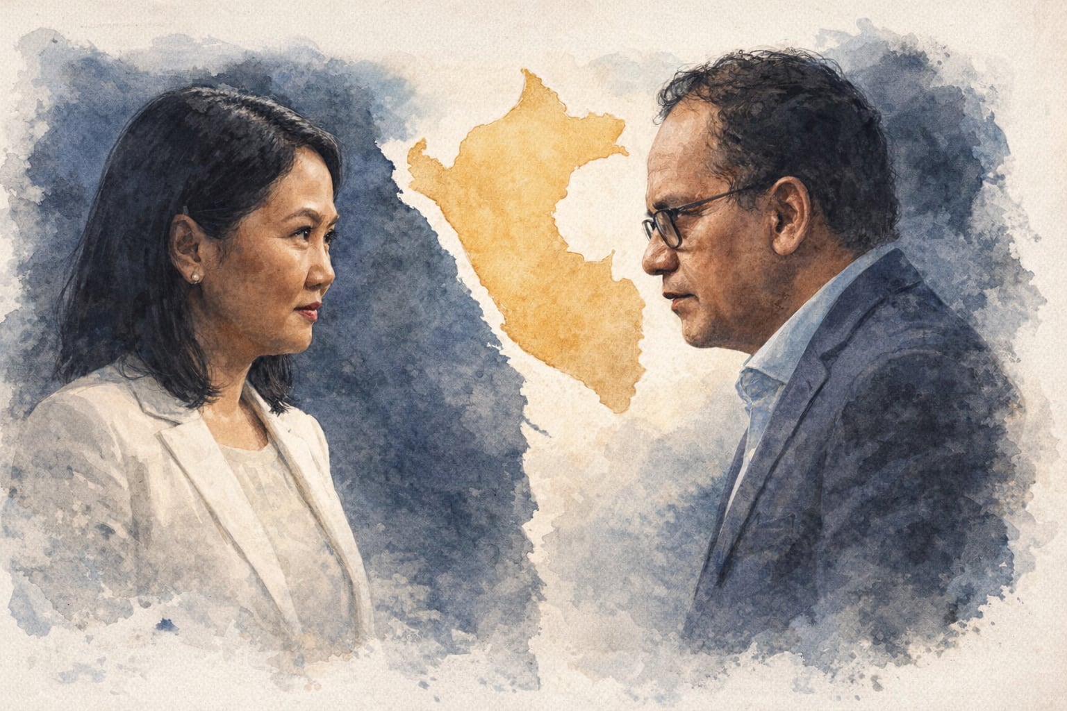 Una ilustración en acuarela muestra a Keiko Fujimori y Roberto Sánchez enfrentados, con el mapa de Perú dividiéndolos, simbolizando la tensión política en la nación. (Imagen Ilustrativa Infobae)