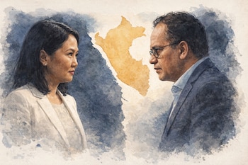 Retrato de Keiko Fujimori (à esquerda, blazer branco) e Roberto Sánchez (à direita, jaqueta azul marinho, óculos) frente a frente, com um mapa dourado do Peru entre eles.