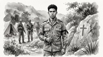 Ilustración en escala de grises de un joven militar con un lazo negro en el brazo y una cruz en la mano ante un campamento con tiendas y soldados.