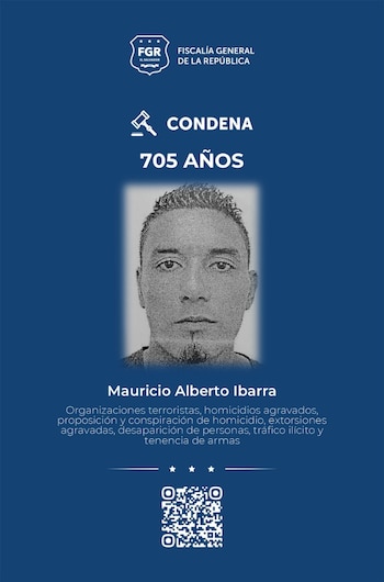 Mauricio Alberto Ibarra recibió la condena más alta con 705 años de cárcel, seguido por Melvin Oqueli Contreras con 675 y Bryan Geovanni Linares con 597 años. (Foto: FGR)