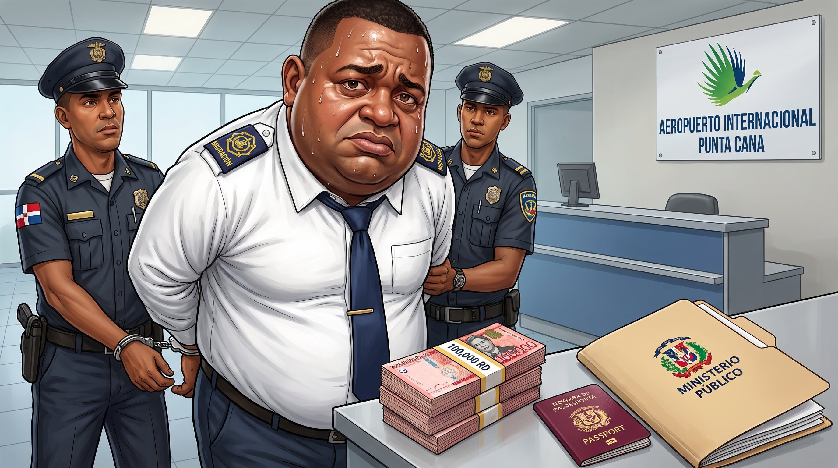 Un inspector de migración es detenido en el Aeropuerto de Punta Cana por cargos de soborno, mientras se observan fajos de dinero y documentos judiciales. (Imagen Ilustrativa Infobae)