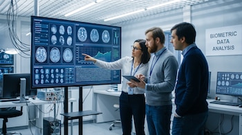 Tres investigadores (una mujer, dos hombres) en un laboratorio moderno. La mujer señala una pantalla grande con huellas dactilares y escaneos cerebrales.