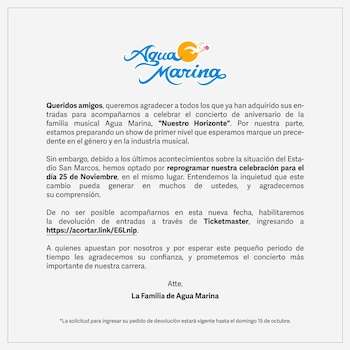 Agua Marina emite comunicado y reprograma concierto. (Facebook)