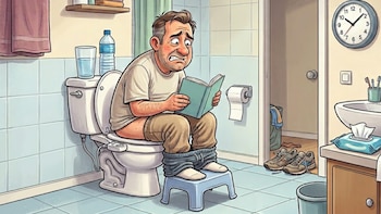 Ilustración de un hombre angustiado sentado en un inodoro con bidet, pantalones bajados a los tobillos, leyendo un libro. Usa un taburete para los pies
