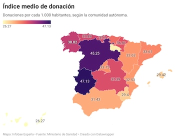 Donaciones por cada 1.000 habitantes, según la comunidad autónoma. (Infobae)