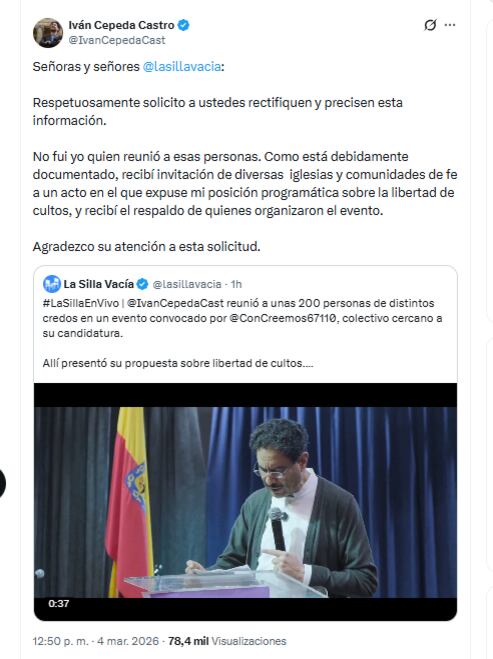 El candidato Iván Cepeda Castro aseguró que fue invitado por distintas iglesias y comunidades para exponer su postura frente a la libertad de culto - crédito @IvanCepedaCast/X