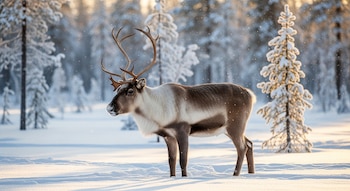 Un reno hembra con astas se para en un espeso manto de nieve en un bosque. Copos de nieve caen. Los árboles nevados y la luz dorada de fondo completan la escena.