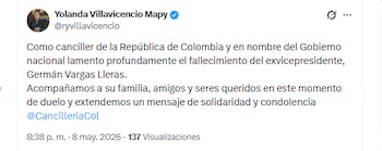 La canciller Yolanda Villavicencio Mapy lamentó la muerte de Germán Vargas Lleras - crédito @ryvillavicencio/X