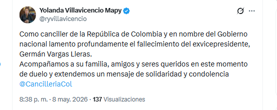 La canciller Yolanda Villavicencio Mapy lamentó la muerte de Germán Vargas Lleras - crédito @ryvillavicencio/X