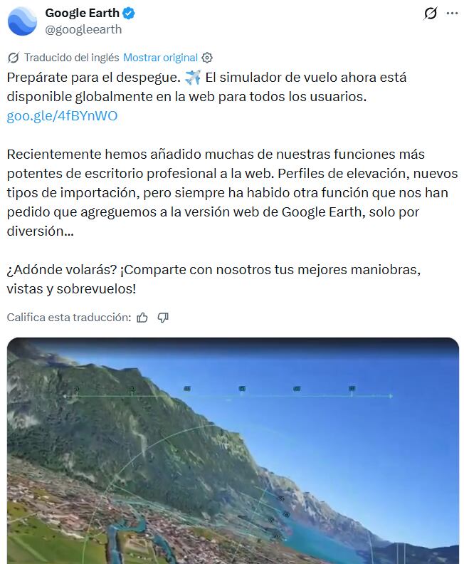 A través de su cuenta de X, Google Earth dio a conocer el simulador de vuelo.
(X: Google Earth)