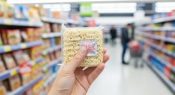 Primer plano de una mano sosteniendo un paquete de noodles instantáneos genéricos. El fondo borroso muestra un pasillo de supermercado con estantes de productos.