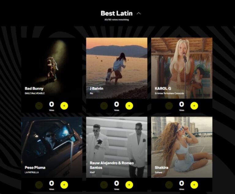 Los 3 colombianos están en la categoría Best Latin - crédito captura MTV Vmas Vote