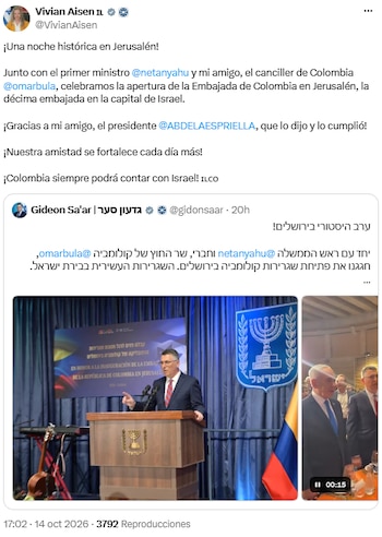 Embajadora de Israel celebró apertura de sede diplomática colombiana en Jerusalén - crédito @VivianAisen/X