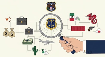 Ilustración de red de lavado de dinero y narcotráfico. Mano sostiene lupa sobre escudo DEA y DOJ de EE.UU. Conecta dinero, drogas, armas, avión, contenedor, México y China.