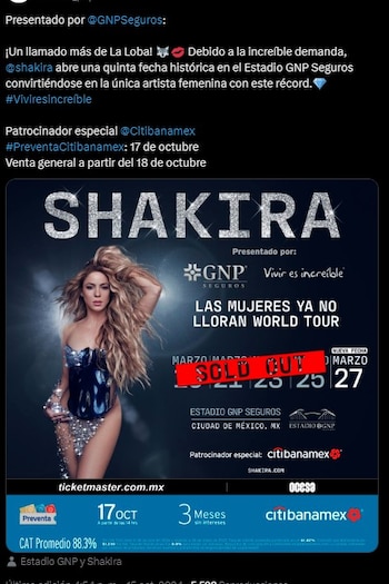 Shakira anunció quinta fecha en Ciudad de México, batiendo un récord de presentaciones en el estadio CNP Seguros - crédito @ocesa_pop/X