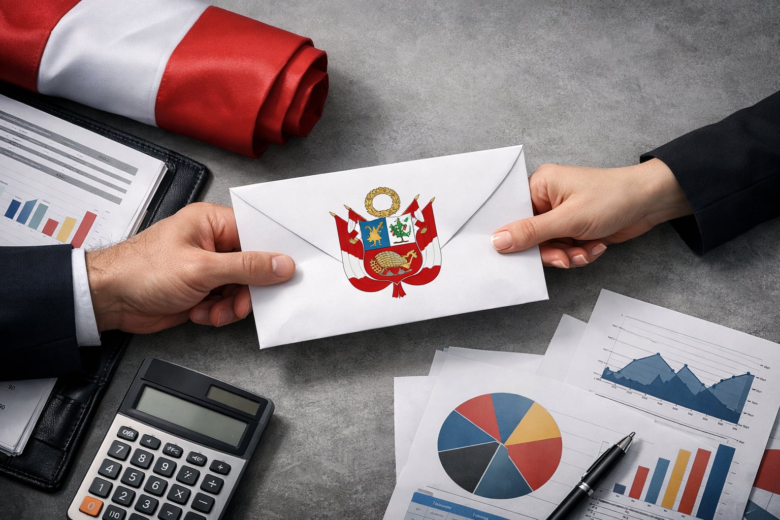 Unas manos disputan un sobre con el escudo de Perú, colocado sobre una mesa con gráficos financieros y una bandera nacional, lo que indica un debate sobre el presupuesto estatal. (Imagen Ilustrativa Infobae)