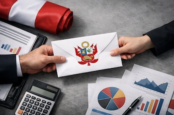 Bandera peruana enrollada, portafolio, documentos con gráficos, calculadora, dos manos con un sobre blanco que tiene el escudo de Perú, bolígrafo, mesa gris.