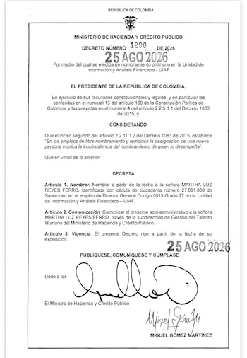 El Decreto 1290 del 25 de agosto de 2026 oficializó el nombramiento de Martha Luz Reyes Ferro como directora general, código 0015, grado 27. - crédito Presidencia