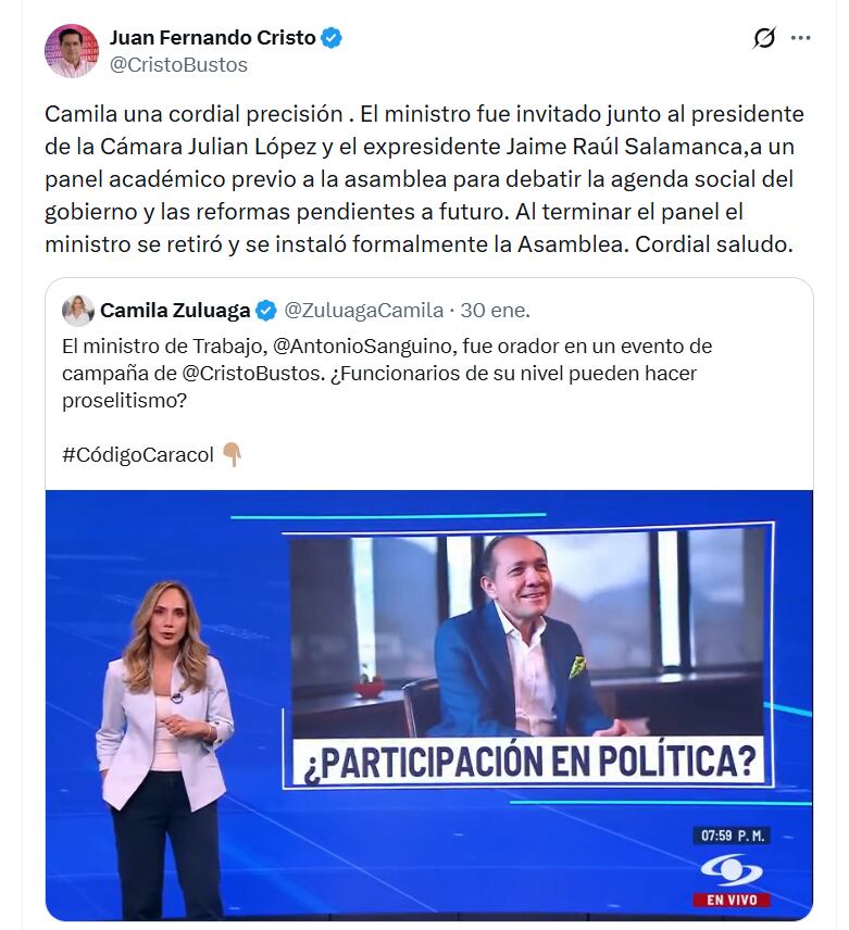 El candidato presidencial respondió a los sectores que cuestionaron la presencia de Sanguino en la asamblea del partido En Marcha - crédito @CristoBustos/X