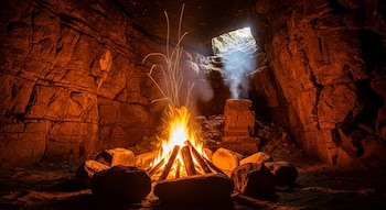 Fogata intensa ardiendo en el centro de una cueva rocosa. Llamas brillantes y chispas se elevan, con humo subiendo hacia una abertura iluminada en el techo.