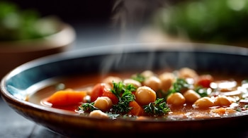 Sopa de garbanzo servida caliente,