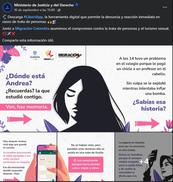 Migración Colombia cuenta con la app LibertaApp, que sirve para denunciar casos de redes de trata de personas, y en especial de mujeres - crédito Ministerio de Justicia y del Derecho/Facebook