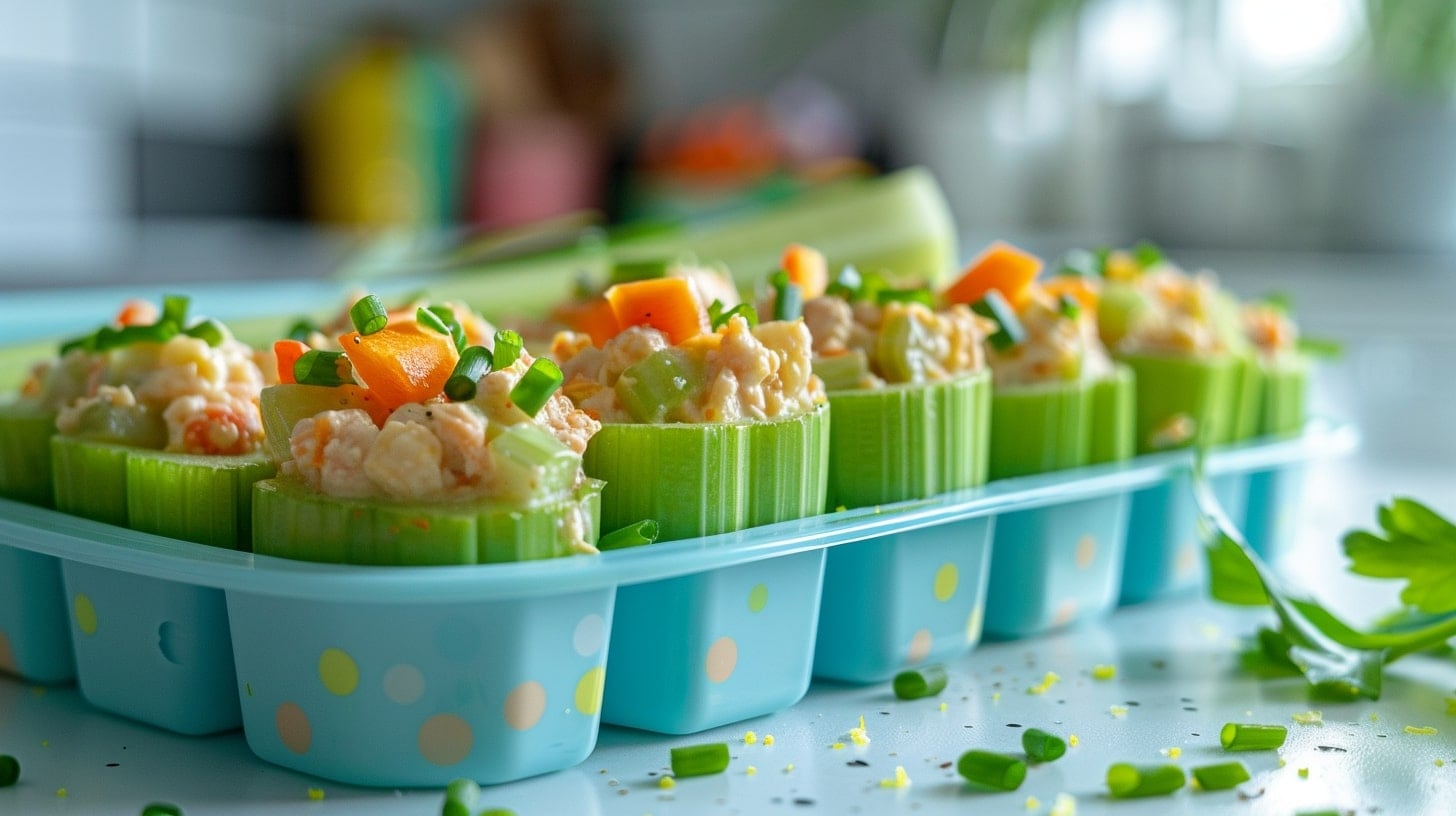 Lonche saludable de apio relleno con atún, preparado en un tupper, ideal para que los niños lo lleven a la escuela. - (Imagen Ilustrativa Infobae)