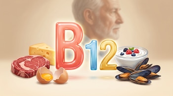 Símbolo de la vitamina B12 rodeado por un trozo de carne roja, queso, un huevo, un tazón de yogur con frutas y varios mejillones.