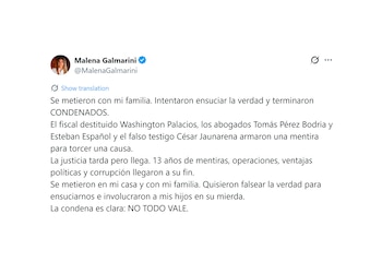 Tuit de Malena Galmarini tras la sentencia por el robo a su casa en 2013