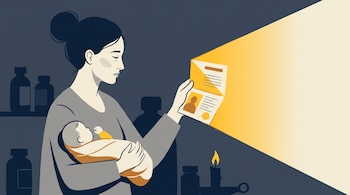Ilustración de una mujer con un bebé en brazos que sostiene un documento abierto con un haz de luz, junto a frascos y una vela encendida.
