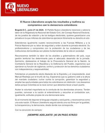 Comunicado Nuevo Liberalismo - crédito Nuevo Liberalismo