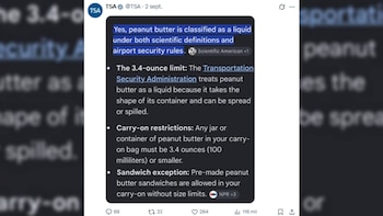 Captura de pantalla de una publicación en la red social X de la cuenta TSA con texto explicativo sobre restricciones a la crema de maní