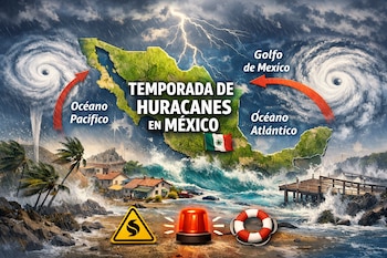 Ilustración del mapa de México bajo tormenta, con huracanes en los océanos Pacífico y Atlántico. Se observan daños costeros, olas grandes y señales de advertencia.