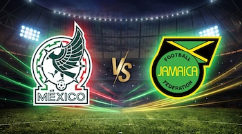 Escudos oficiales de las selecciones de fútbol de México y Jamaica con las letras VS doradas en el centro sobre el césped de un estadio de noche.