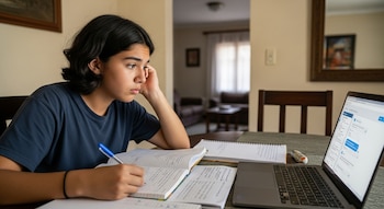 Adolescente estudiante en una mesa con cuadernos abiertos, bolígrafo y libros, mirando una computadora portátil que muestra un chat de inteligencia artificial.