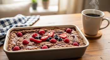 Molde rectangular con avena horneada de cacao y frutos rojos (frambuesas, fresas, arándanos) en mesa de madera, junto a una taza de café humeante.
