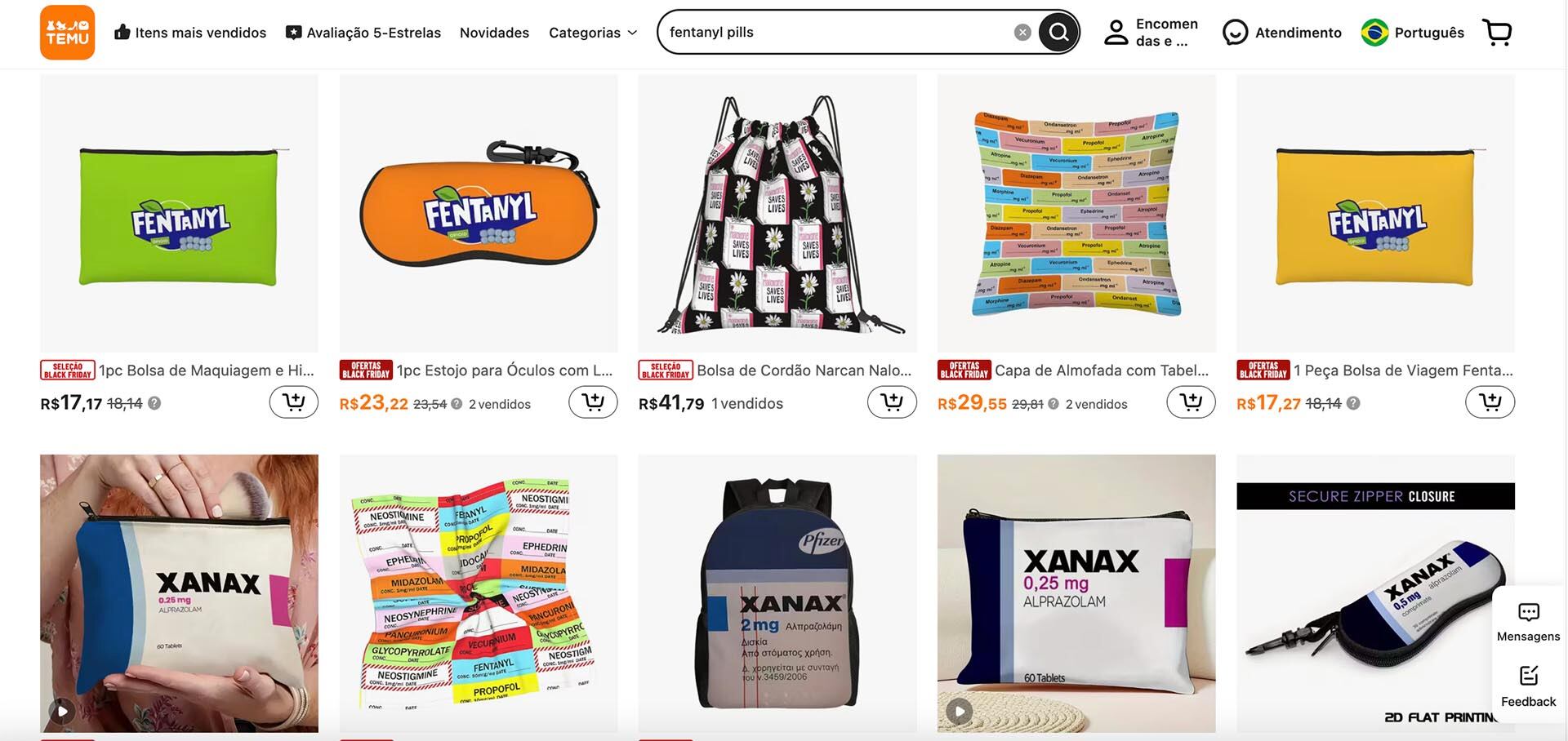 Página en Temu con merchandising con las inscripciones ‘fentanyl’ y de algunos ansiolíticos.
