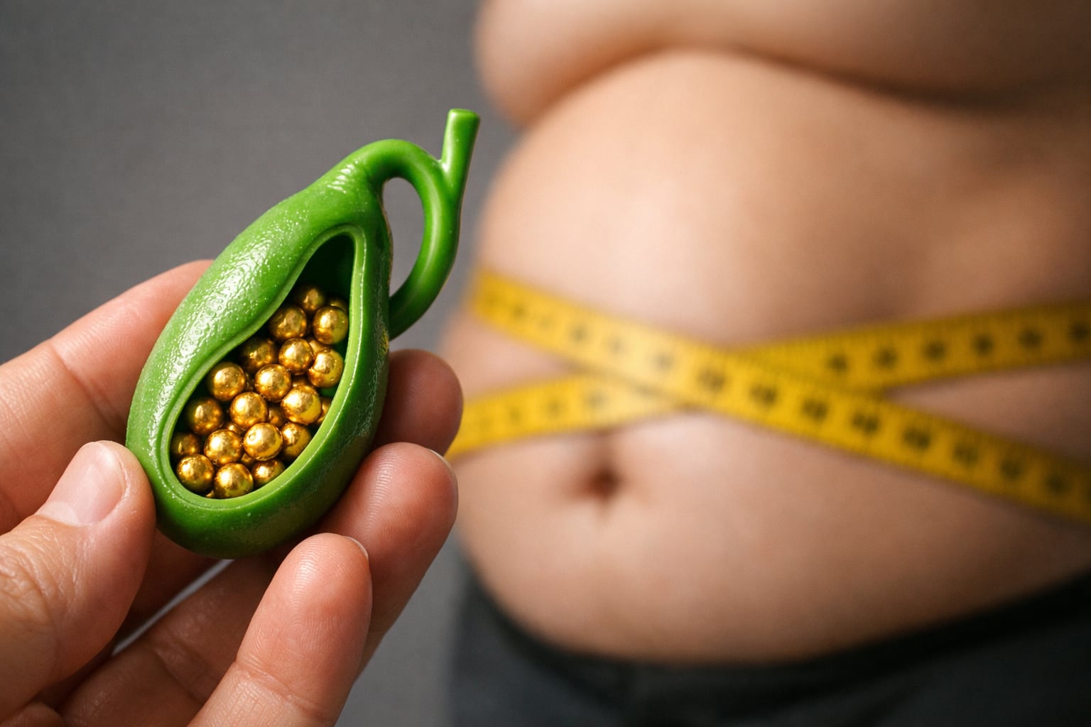Un modelo de vesícula biliar con cálculos de colesterol representa la relación con el sobrepeso, simbolizado por un abdomen que lleva una cinta métrica. (Imagen Ilustrativa Infobae)