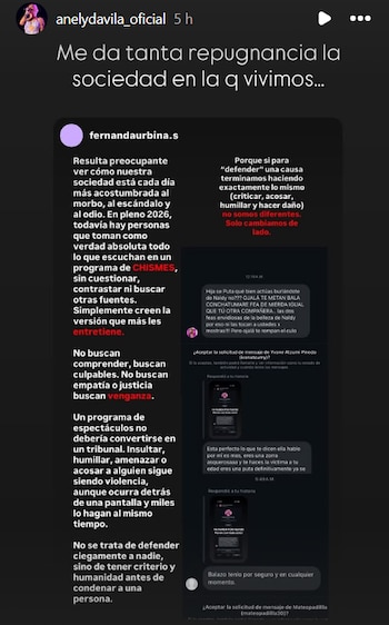 Captura de pantalla de historia de Instagram de Anely Dávila con texto sobre la sociedad y un post de Fernanda Urbina con mensajes de odio