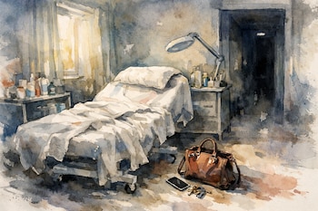 Acuarela de una habitación clínica vacía. Se ve una cama desordenada, un bolso marrón, un teléfono y llaves en el suelo. Luz tenue por ventana y pasillo oscuro al fondo.