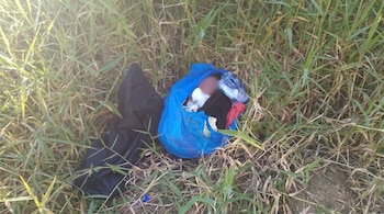 Vista aérea de una bolsa plástica azul con un bebé parcialmente visible y una prenda negra, rodeada de pasto verde y seco en un entorno exterior.