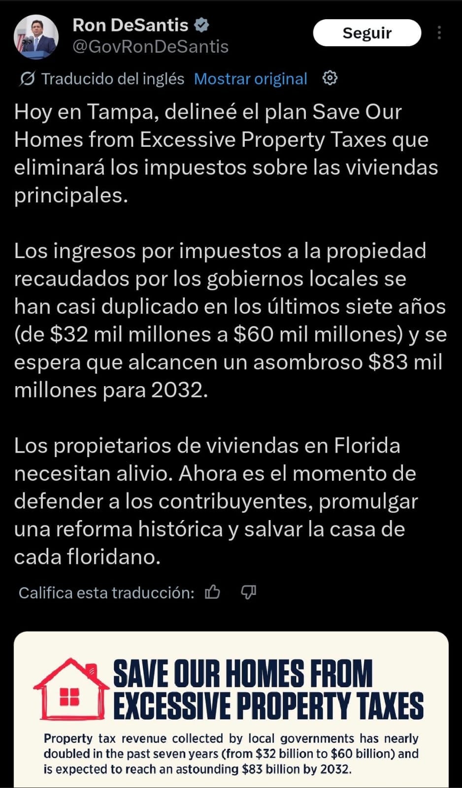 El comunicado de Ron DeSantis en su cuenta de X (@GovRonDeSantis en X)