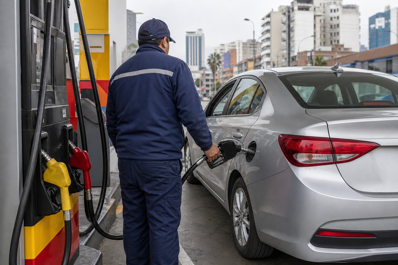 Un operario abastece de combustible a un automóvil de color plata en una estación de servicio urbana de Lima. (Imagen Ilustrativa Infobae)